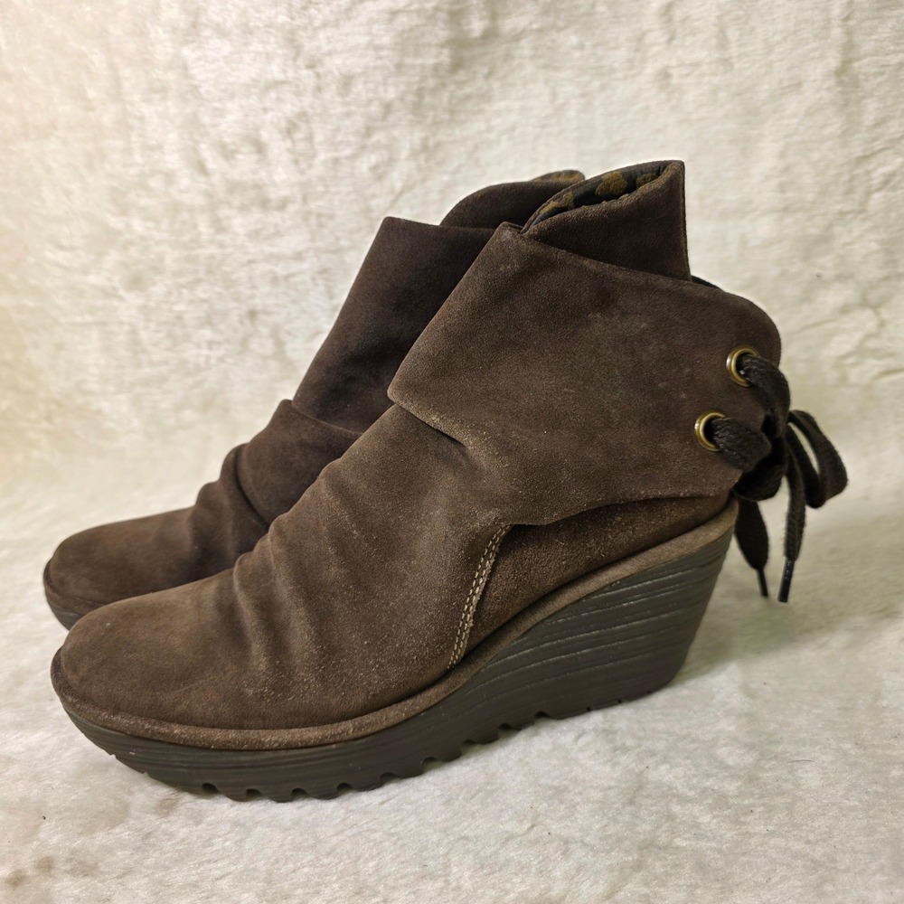 Fly London Yip Suede Wedge Ankle Boots Brown Lace Up Back Women EU 39 US 8.5 EXC